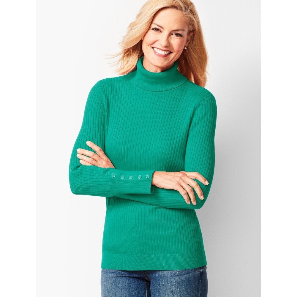 Talbots NWOT Green Button-Cuff Ribbed Turtleneck Sweater | Large